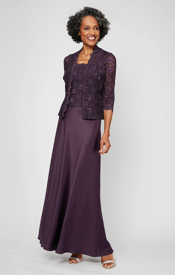Petite Lace & Satin Gown with 3/4 Sleeve Scalloped Lace Sequin Jacket