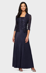 Lace & Satin Gown with 3/4 Sleeve Scalloped Lace Jacket