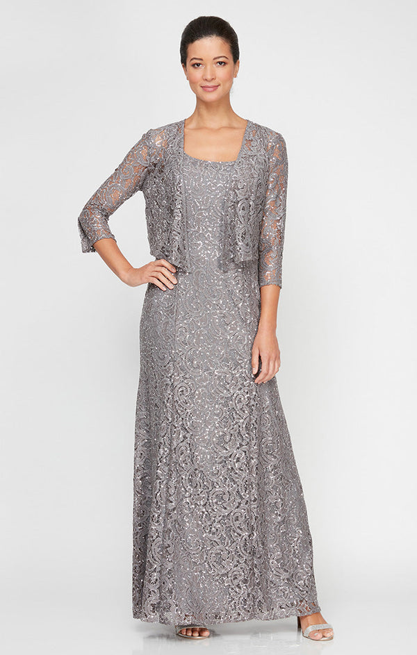 Regular - Sequin Lace Long A-Line Dress with 3/4 Sleeve Illusion Jacket