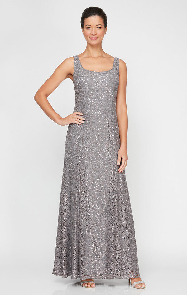 Regular - Sequin Lace Long A-Line Dress with 3/4 Sleeve Illusion Jacket