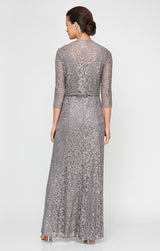 Regular - Sequin Lace Long A-Line Dress with 3/4 Sleeve Illusion Jacket