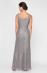Regular - Sequin Lace Long A-Line Dress with 3/4 Sleeve Illusion Jacket