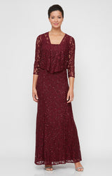 Regular - Long A-Line Jacket Dress With Illusion Cascade Jacket and Sequin Detail