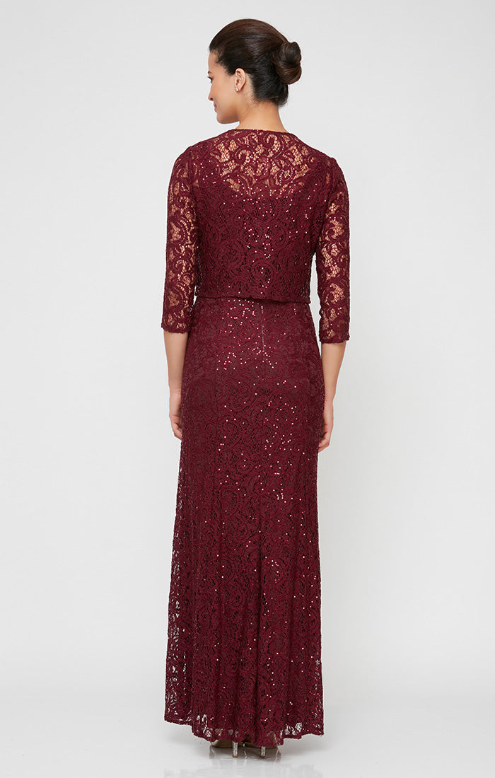 Regular - Long A-Line Jacket Dress With Illusion Cascade Jacket and Sequin Detail