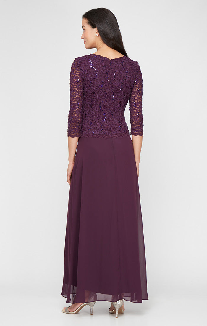 Petite Long Gown with Sequin Lace Bodice & Chiffon Skirt