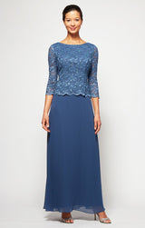3/4 Sleeve Lace and Chiffon Gown with Scalloped Lace Detail