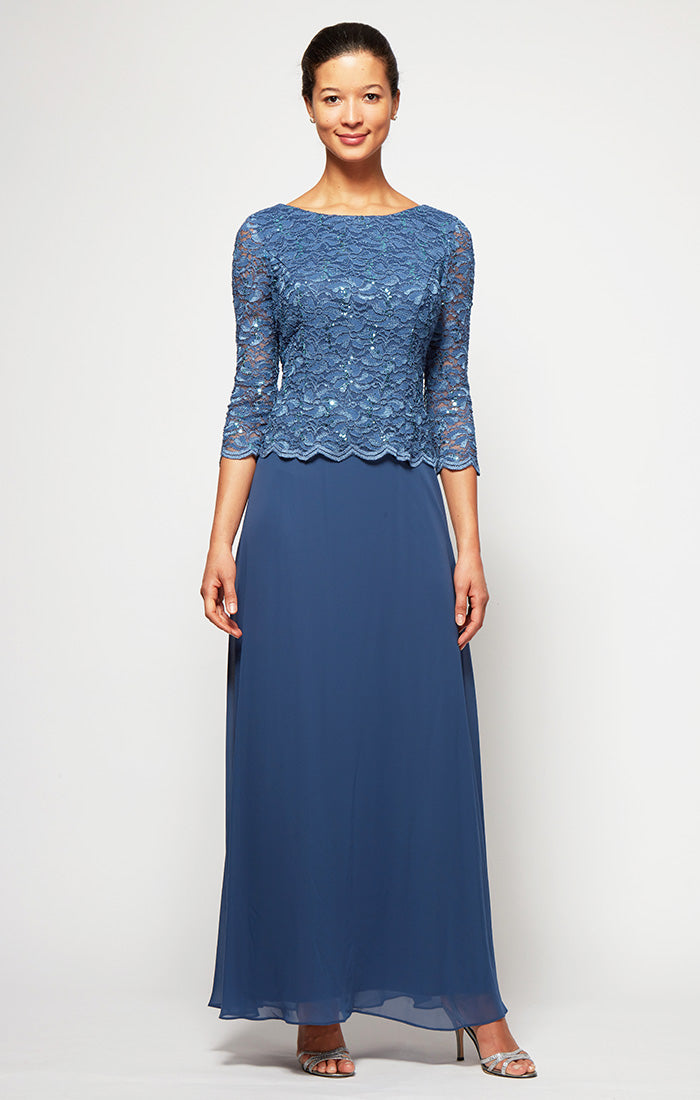 3/4 Sleeve Lace and Chiffon Gown with Scalloped Lace Detail