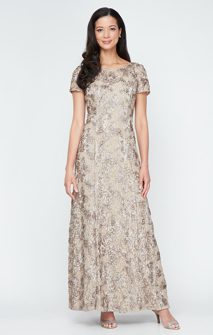 Petite Evelyn Rosette Lace Long Gown