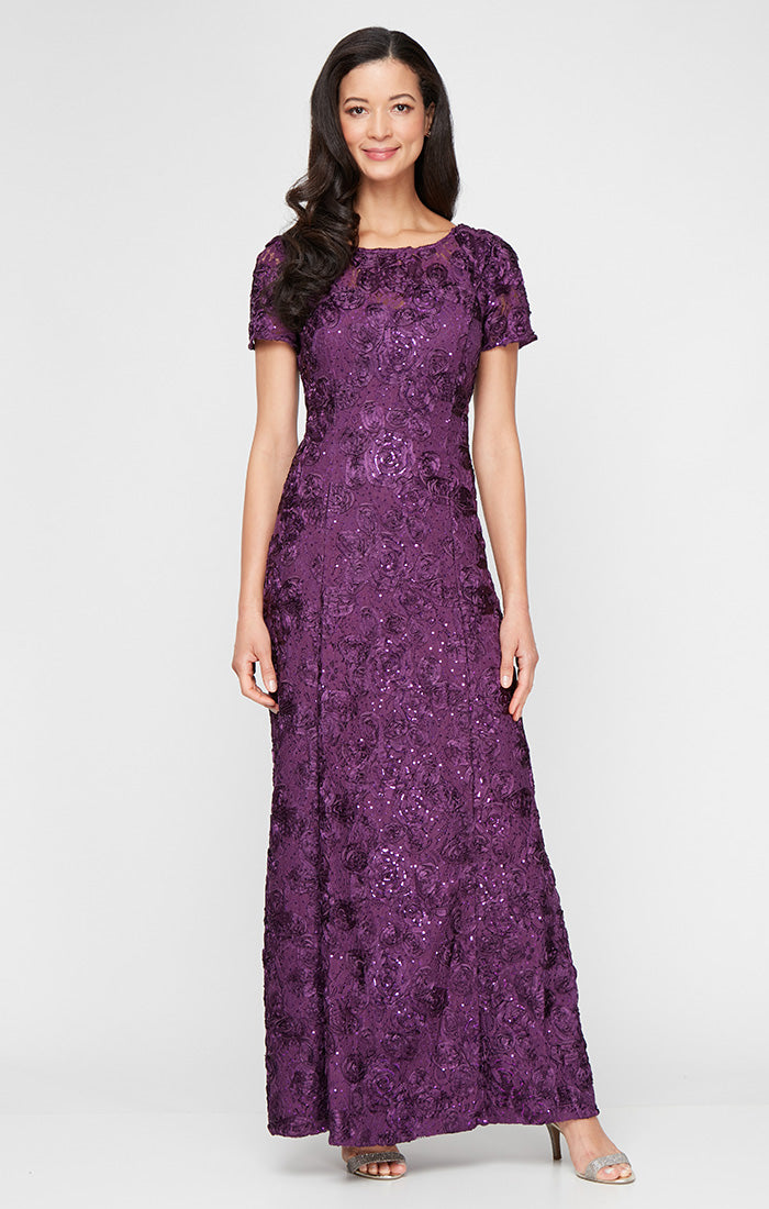 Petite Evelyn Rosette Lace Long Gown