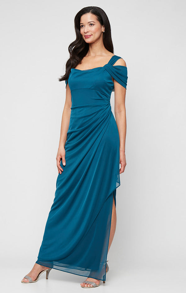 Cold Shoulder Mesh Gown with Cowl Neckline & Overlay Skirt