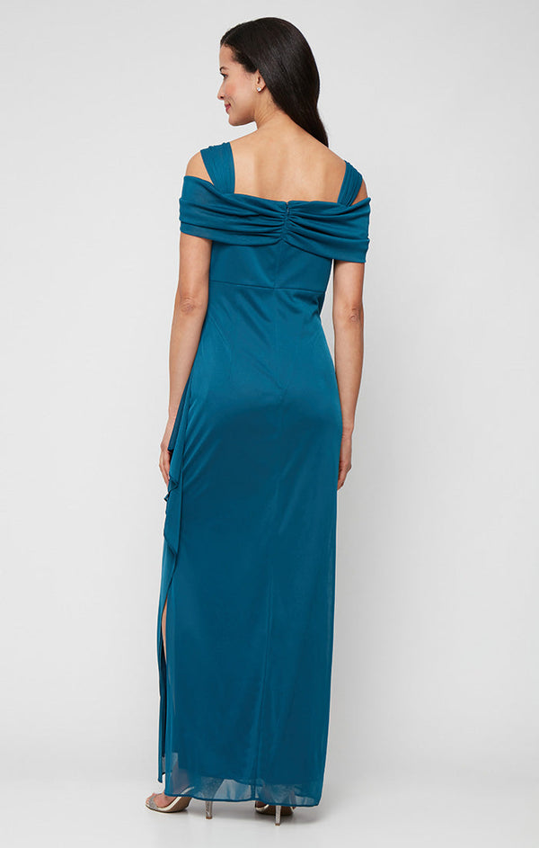 Cold Shoulder Mesh Gown with Cowl Neckline & Overlay Skirt