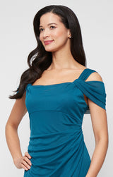 Cold Shoulder Mesh Gown with Cowl Neckline & Overlay Skirt