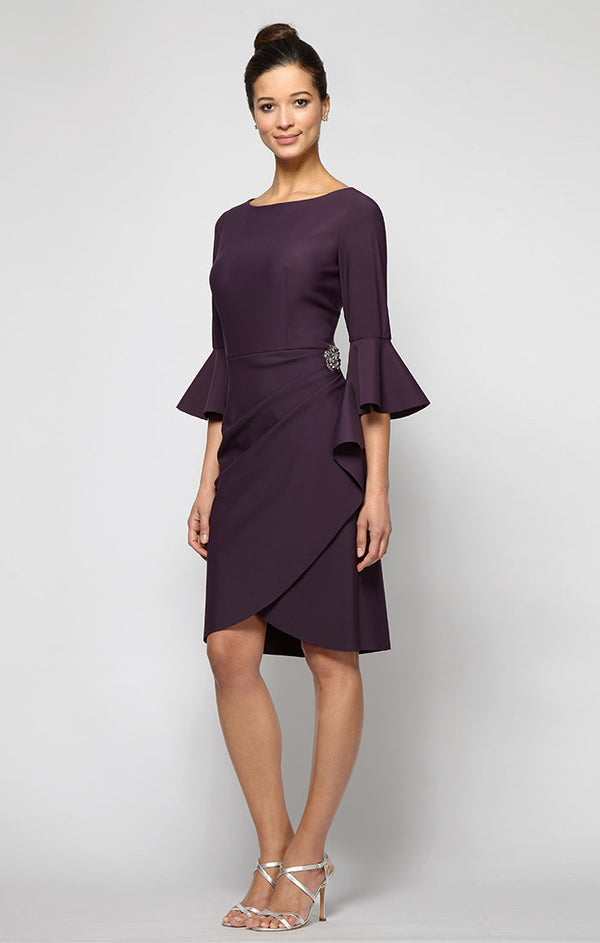 Sheath Contour Cocktail Dress with Bell Sleeves, Embellished Hip & Cascade Ruffle Detail