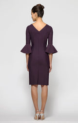 Sheath Contour Cocktail Dress with Bell Sleeves, Embellished Hip & Cascade Ruffle Detail
