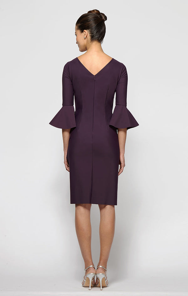 Sheath Contour Cocktail Dress with Bell Sleeves, Embellished Hip & Cascade Ruffle Detail