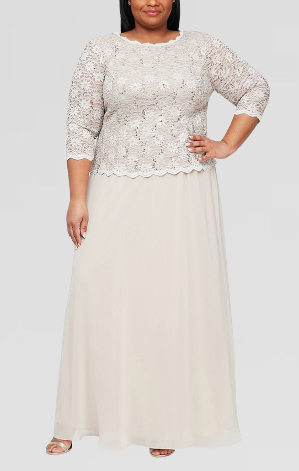 Plus Long Gown with Sequin Lace Bodice & Chiffon Skirt