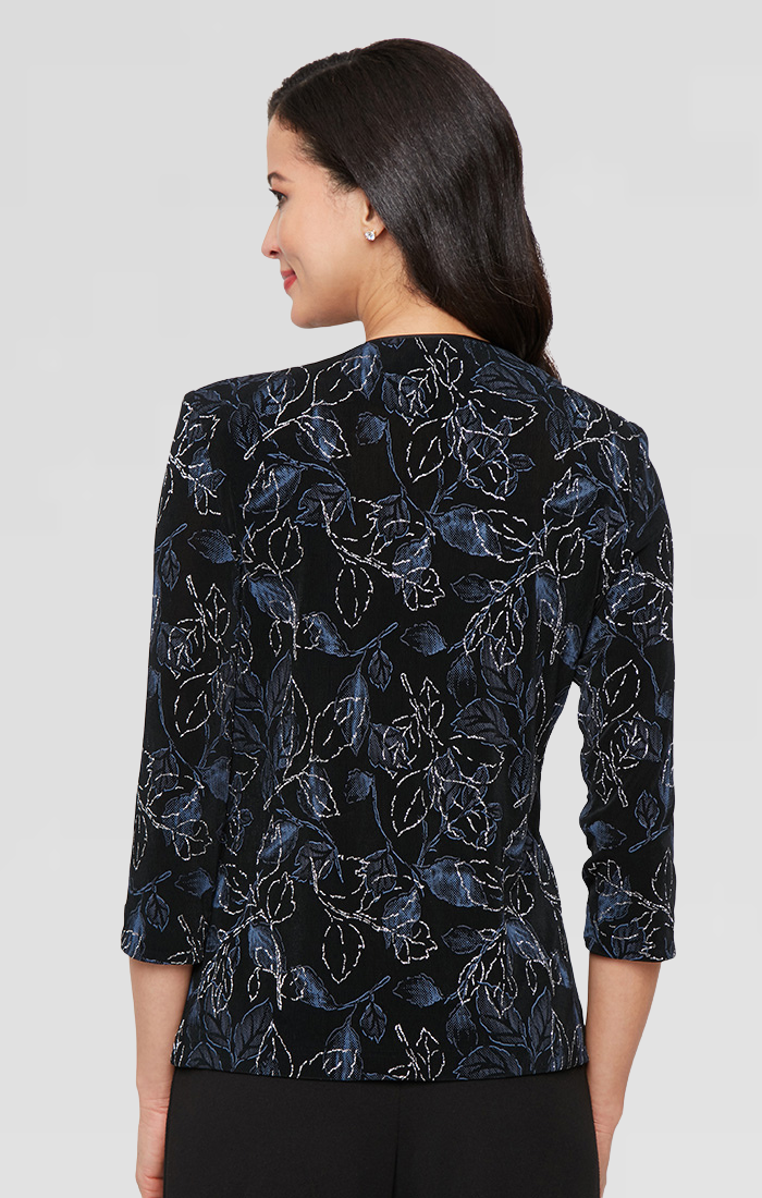 Plus 3/4 Sleeve Printed Glitter Slinky Knit Twinset with Scoop Neck Tank and Hook Neck Closure Jacket