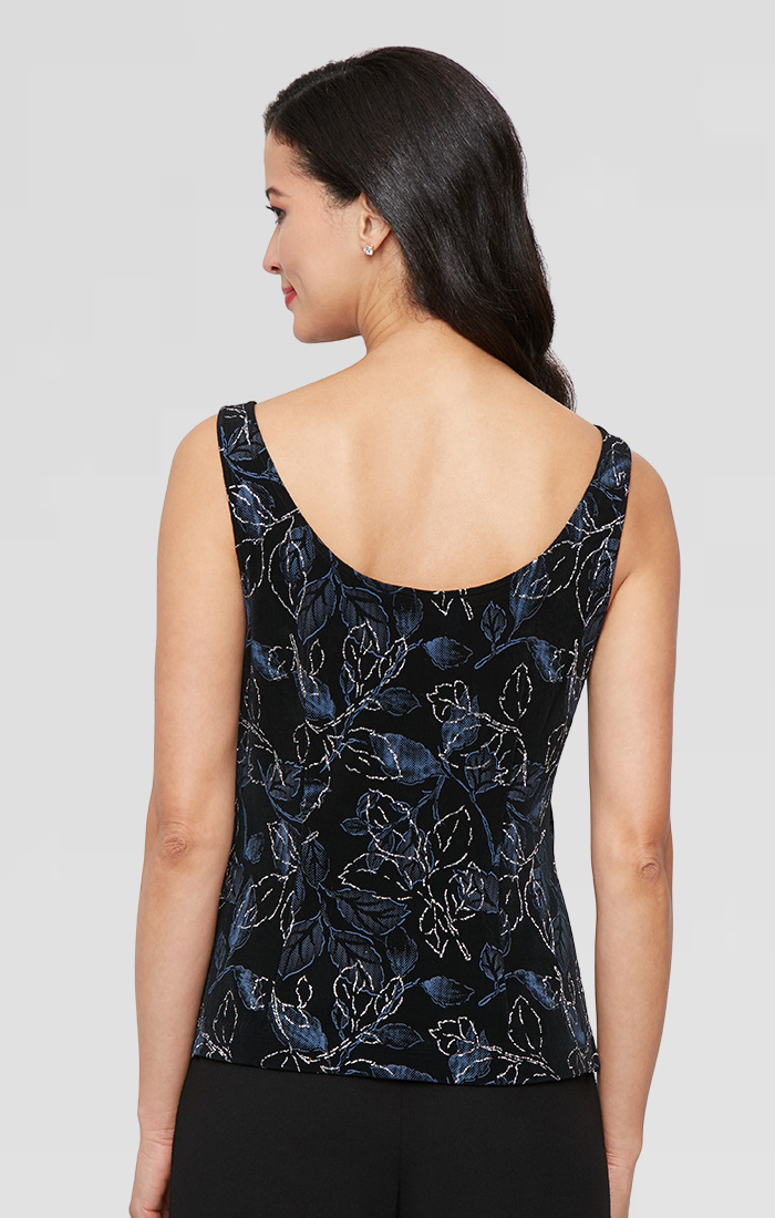 Plus 3/4 Sleeve Printed Glitter Slinky Knit Twinset with Scoop Neck Tank and Hook Neck Closure Jacket