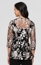 Plus 3/4 Sleeve Embroidered Tulle Twinset with Scoop Neck Tank and Elongated Center Front Closure Jacket