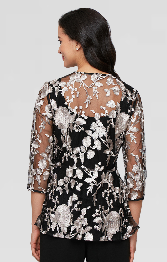 Plus 3/4 Sleeve Embroidered Tulle Twinset with Scoop Neck Tank and Elongated Center Front Closure Jacket