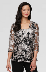 Plus 3/4 Sleeve Embroidered Tulle Twinset with Scoop Neck Tank and Elongated Center Front Closure Jacket