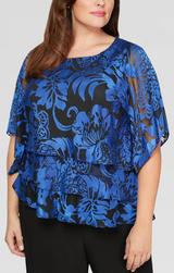 Plus 3/4 Sleeve Chiffon Printed Blouse With Illusion Sleeves and Asymmetric Triple Tier Hem