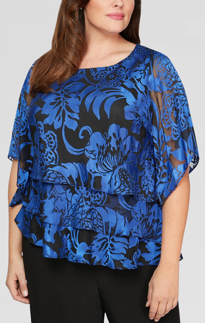 Plus 3/4 Sleeve Chiffon Printed Blouse With Illusion Sleeves and Asymmetric Triple Tier Hem