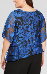 Plus 3/4 Sleeve Chiffon Printed Blouse With Illusion Sleeves and Asymmetric Triple Tier Hem