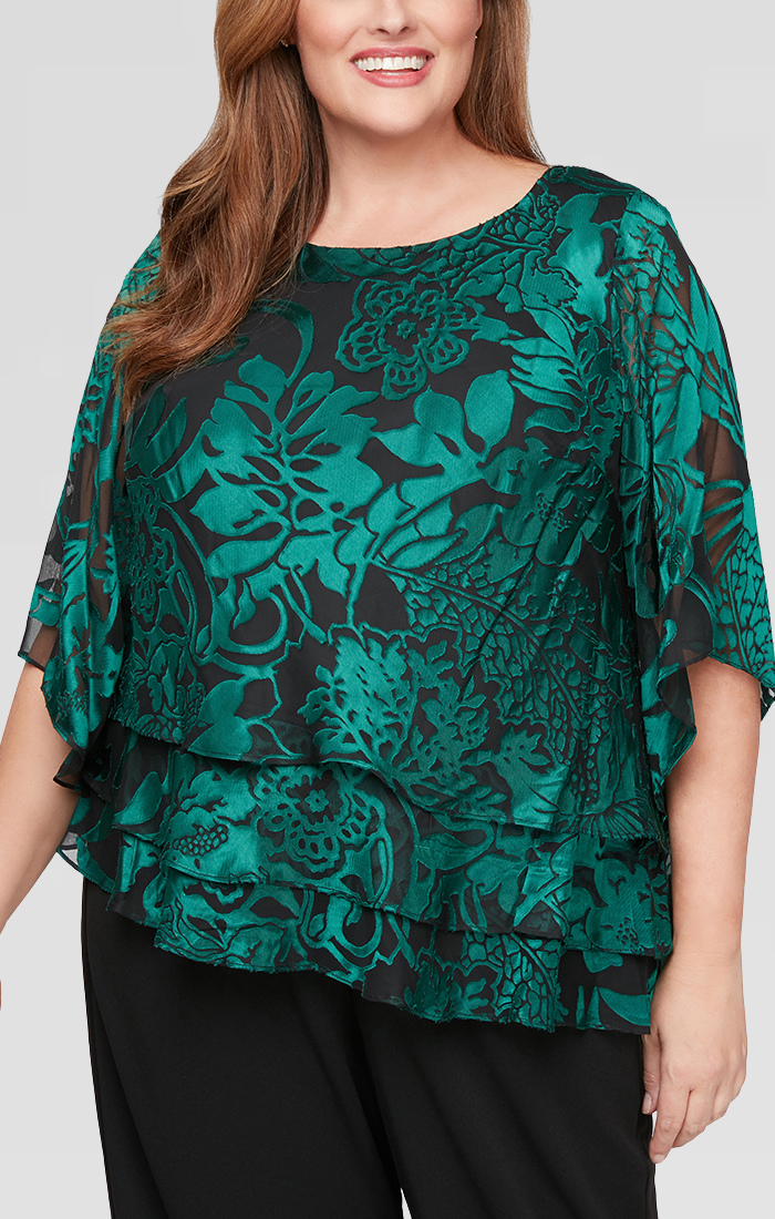 Plus 3/4 Sleeve Chiffon Printed Blouse With Illusion Sleeves and Asymmetric Triple Tier Hem