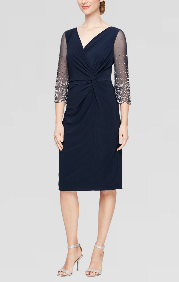 Short Matte Jersey Surplice Neckline Dress with Knot Front Detail & Embellished Sleeves