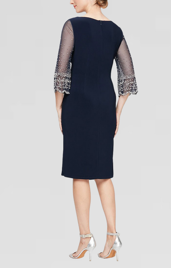 Short Matte Jersey Surplice Neckline Dress with Knot Front Detail & Embellished Sleeves