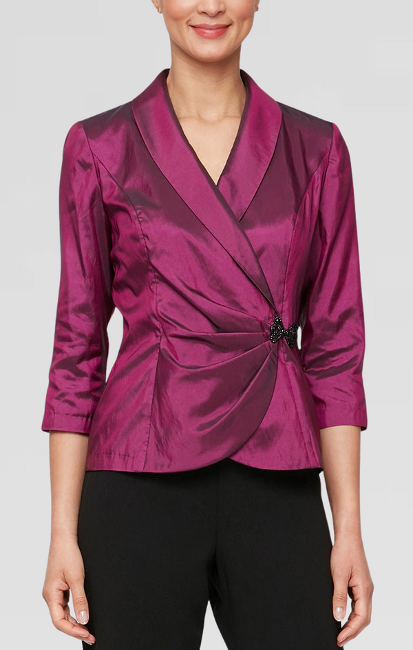 Plus 3/4 Sleeve Taffeta Blouse with Collar and Decorative Side Closure