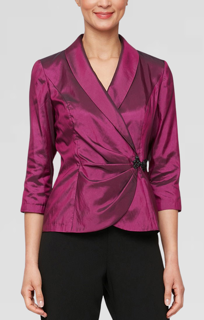 Plus 3/4 Sleeve Taffeta Blouse with Collar and Decorative Side Closure