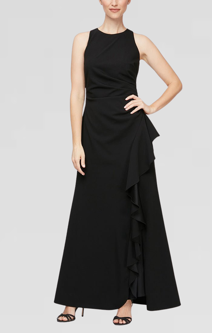 Petite Sleeveless Stretch Crepe Dress with Cascade Ruffle Skirt Detail & Cutaway Neckline