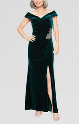 Long Off the Shoulder Fit and Flare Dress With Surplice Sweetheart Neckline, Beaded Hip Detail and Front Slit