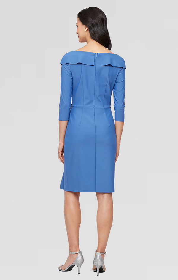 Short Contour Sheath Dress with Portrait Collar Neckline, Beaded Hip Detail and Cascade Skirt