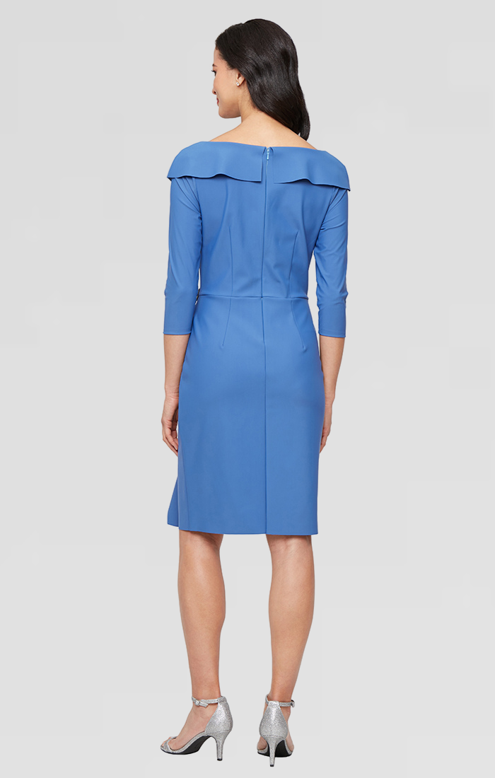 Short Contour Sheath Dress with Portrait Collar Neckline, Beaded Hip Detail and Cascade Skirt