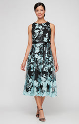 Regular - Sleeveless Embroidered Party Dress with Full Skirt & Satin Tie Belt