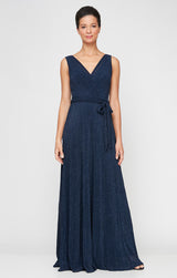 Regular - Long Glitter Mesh Sleeveless Surplice Neckline Dress with A-Line Skirt & Tie Belt