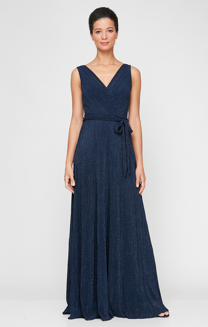 Regular - Long Glitter Mesh Sleeveless Surplice Neckline Dress with A-Line Skirt & Tie Belt
