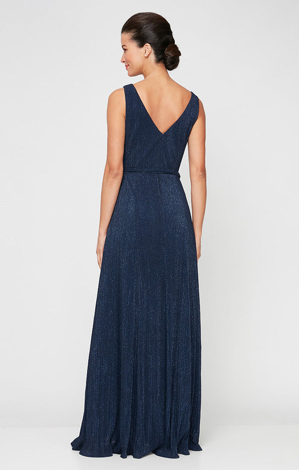 Regular - Long Glitter Mesh Sleeveless Surplice Neckline Dress with A-Line Skirt & Tie Belt