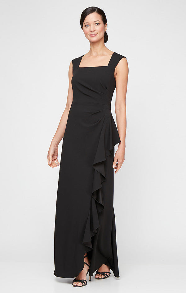 Regular - Long Square Neck Dress with Cascade Ruffle Detail