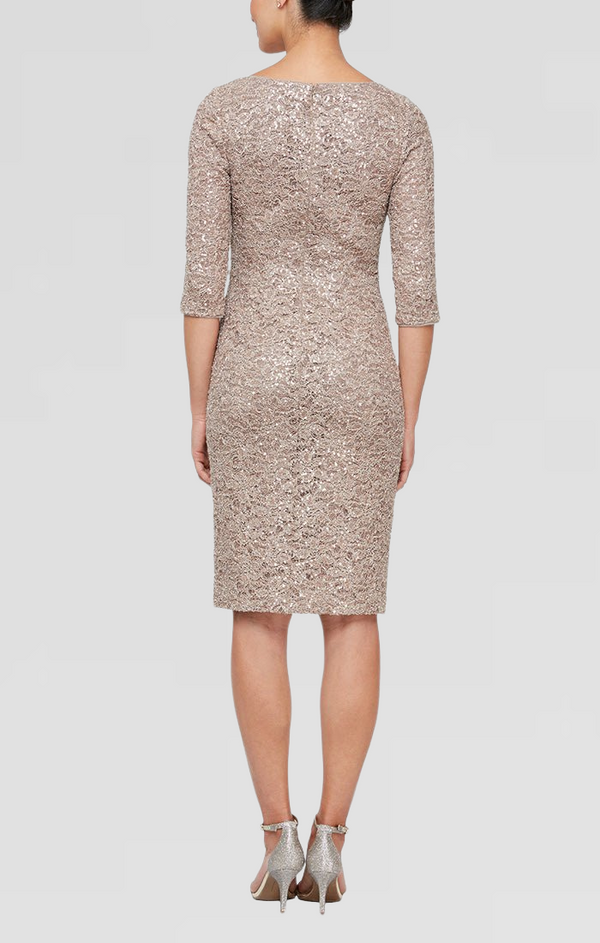 Petite - Short Sheath Sequin Lace Cocktail Dress with L-Shaped Neckline and 3/4 Sleeves