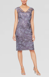 Regular - Short Embroidered Tulle Sheath Cocktail Dress with Illusion Cap Sleeves and V-Neckline