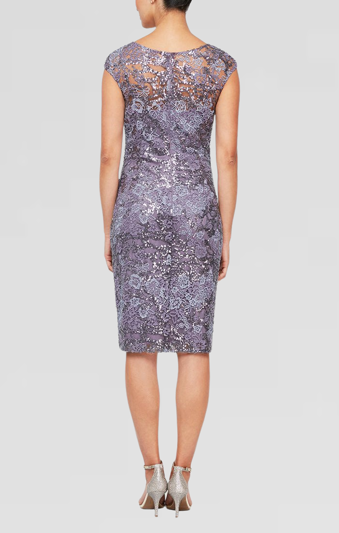 Regular - Short Embroidered Tulle Sheath Cocktail Dress with Illusion Cap Sleeves and V-Neckline