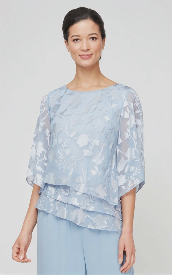 Burnout Chiffon Blouse with Asymmetrical Triple Tier Hem & Illusion Sleeves