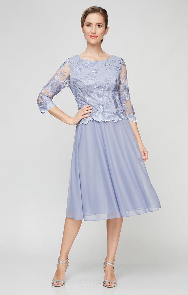 Tea-Length Embroidered Dress with Illusion Sleeves, Scallop Detail and Full Skirt