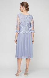 Tea-Length Embroidered Dress with Illusion Sleeves, Scallop Detail and Full Skirt