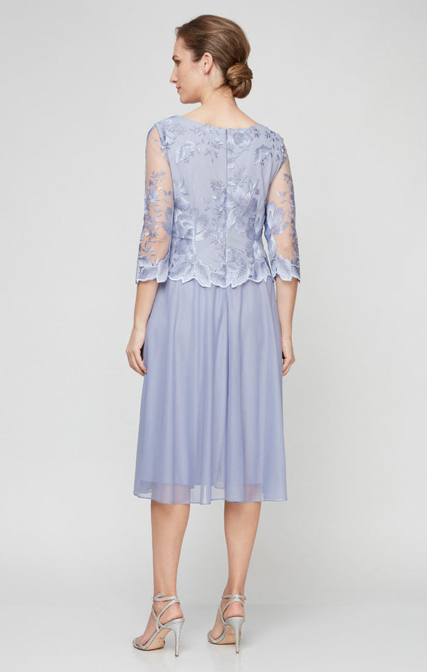 Tea-Length Embroidered Dress with Illusion Sleeves, Scallop Detail and Full Skirt