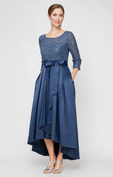 Sequin Lace Party Dress with Satin Skirt & Ribbon Belt